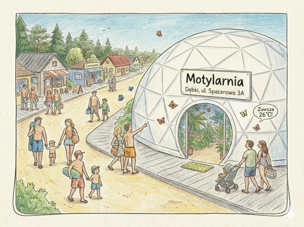 Ilustracja ulicy Spacerowej w Dębkach przedstawiająca Motylarnię w białym namiocie sferycznym oraz spacerujące rodziny z dziećm